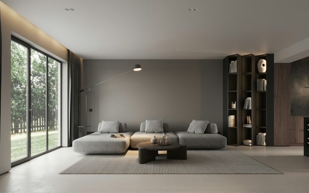 Bright modern living room with large windows