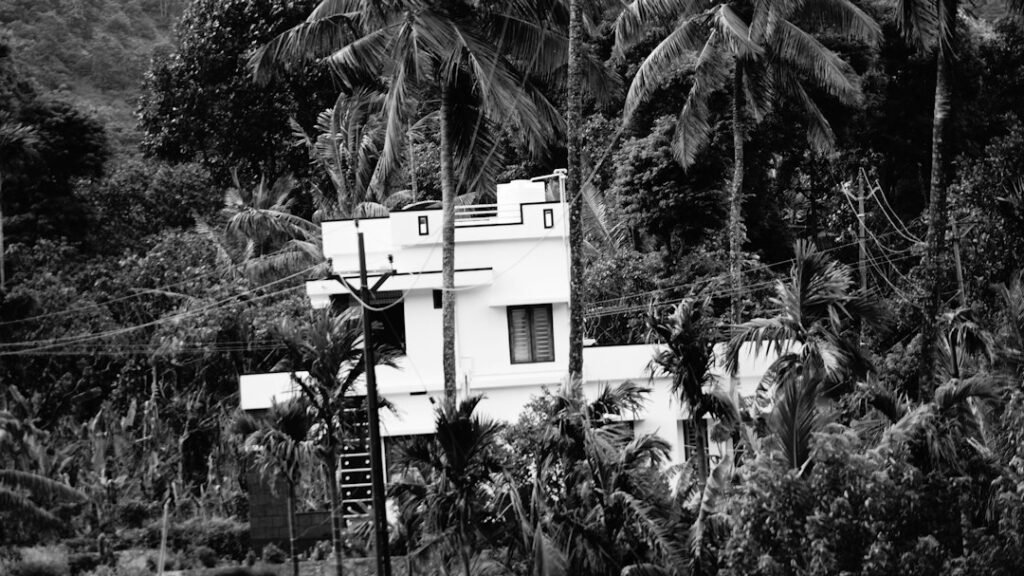 Modern Kerala home exterior surrounded by trees